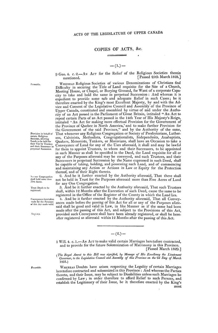 Upper Canada. Copies of all acts passed by the Legislature of Upper Canada, recognizing any of the various denominations of Christians existing in that province