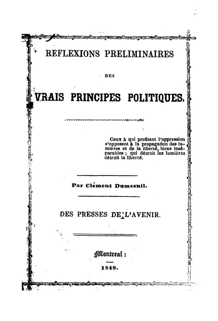 Réflexions préliminaires des vrais principes politiques