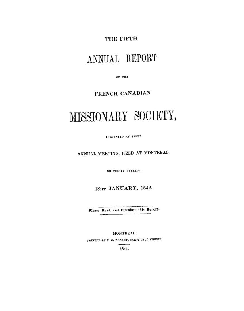 Annual report of the French Canadian Missionary Society, presented at their annual meeting, held at