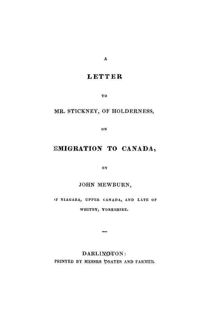 A letter to Mr. Stickney of Holderness on emigration to Canada