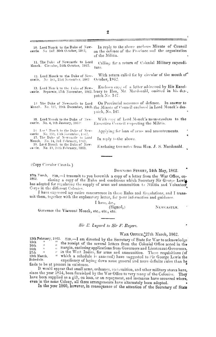 Return to an Address of the Legislative council for correspondence on colonial defences and militia