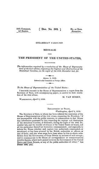 Steamboat Caroline, message from the President of the United States, transmitting the information required by a resolution of the House of representat(...)