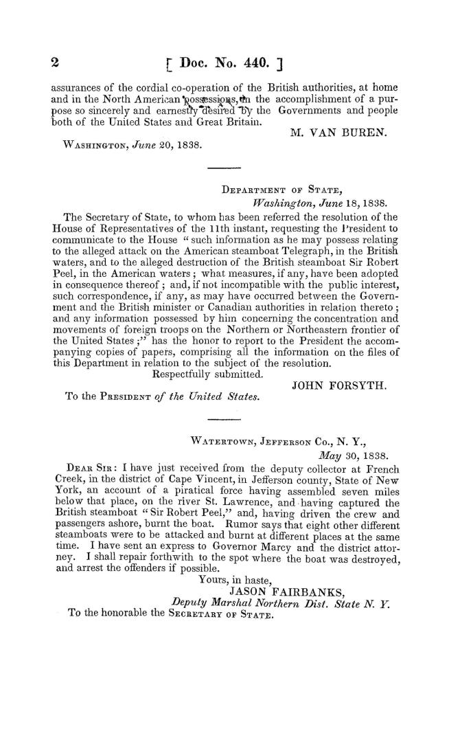 British steamboat Sir Robert Peel and American steamboat Telegraph, message from the President of the United States upon the subject of outrages commi(...)