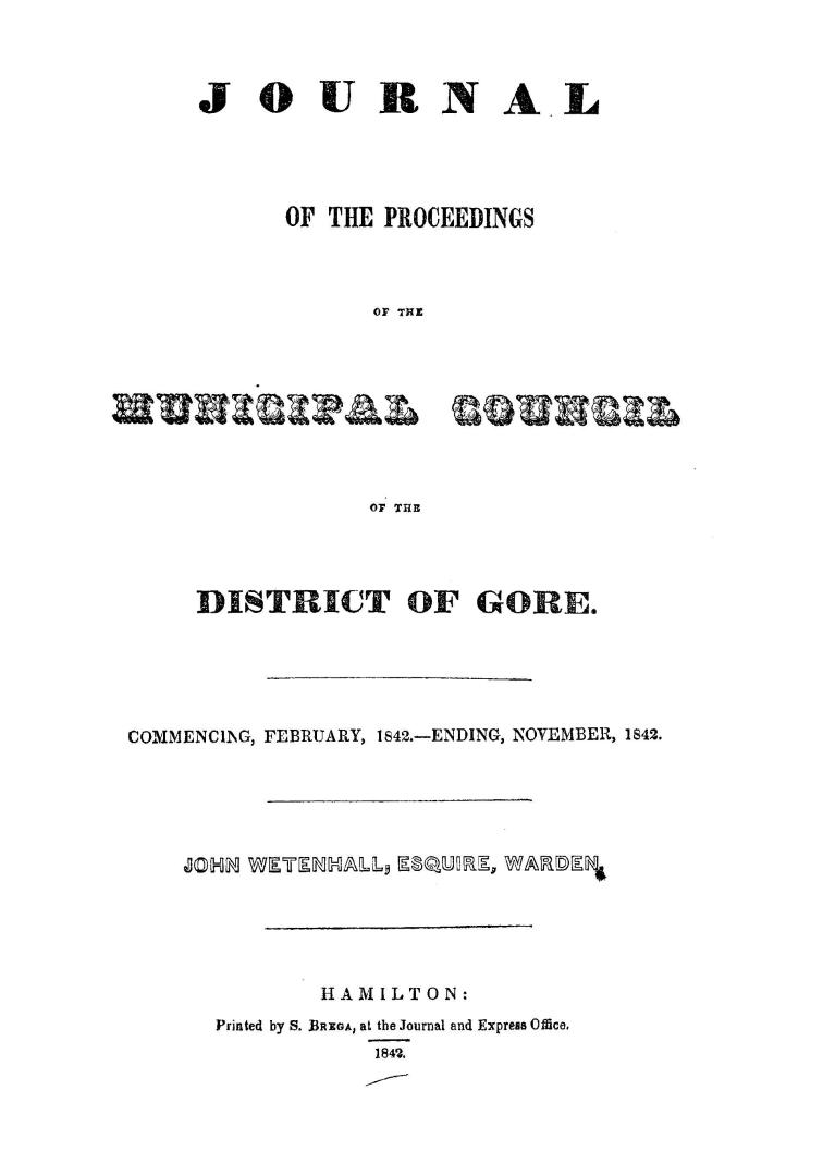 Journal of the proceedings of the Municipal Council of the District of Gore