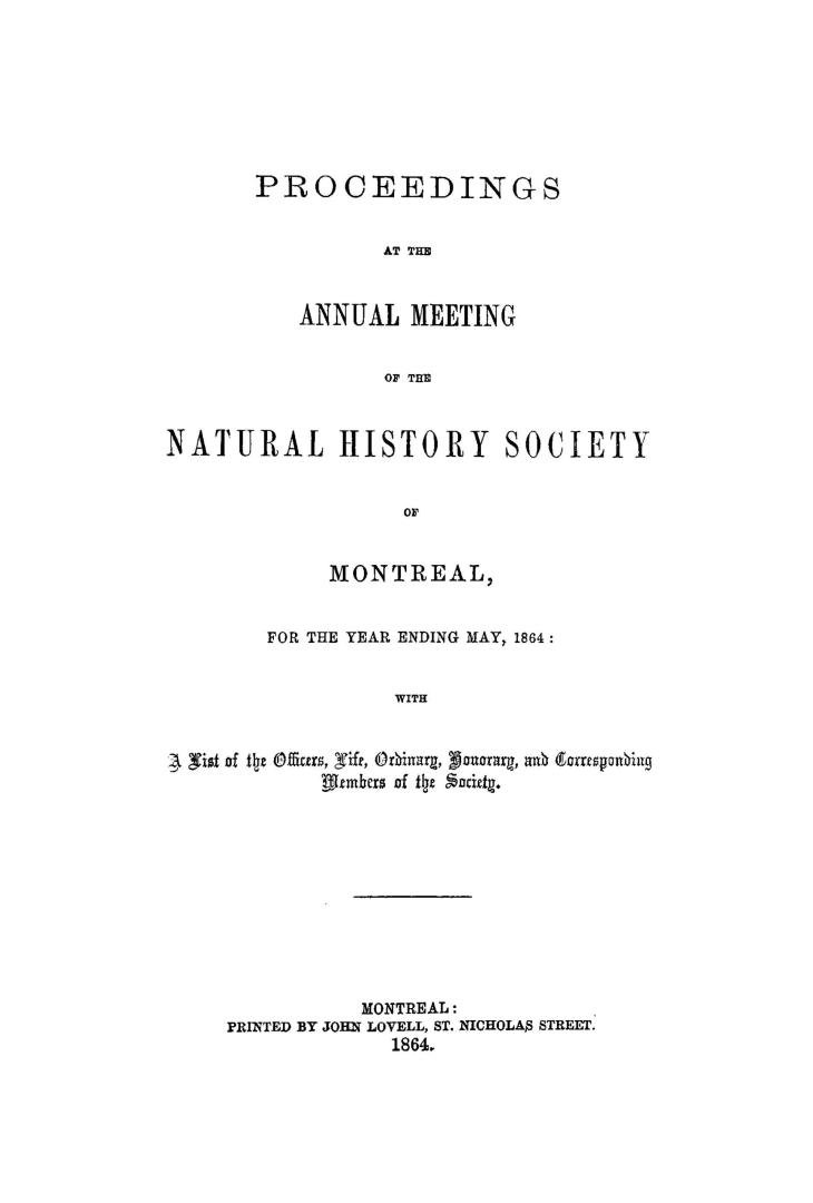 Proceedings at the annual meeting of the Natural History Society of Montreal, for the year ending