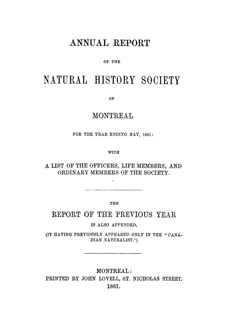 Annual report of the Natural History Society of Montreal for the year ending