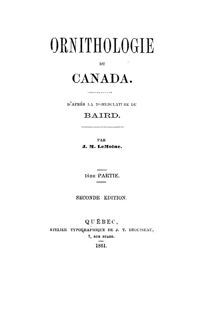 Ornithologie du Canada. : D'après la nomenclature de Baird