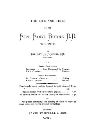 The life and times of the Rev. Robt. Burns, D.D. Toronto