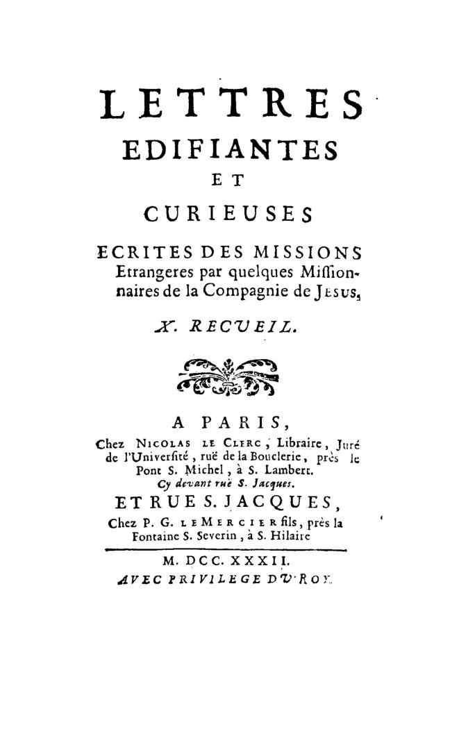 Lettres édifiantes et curieuses écrites des missions étrangères par quelques missionnaires de la Compagnie de Jésus