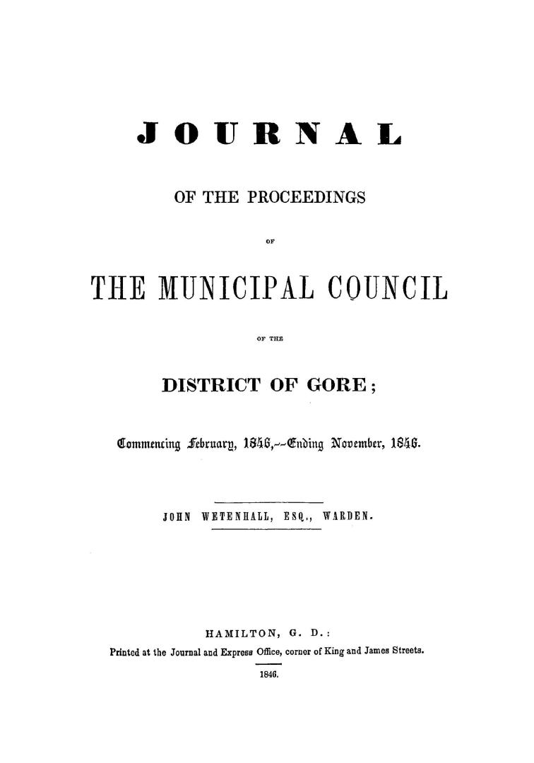 Journal of the proceedings of the Municipal Council of the District of Gore