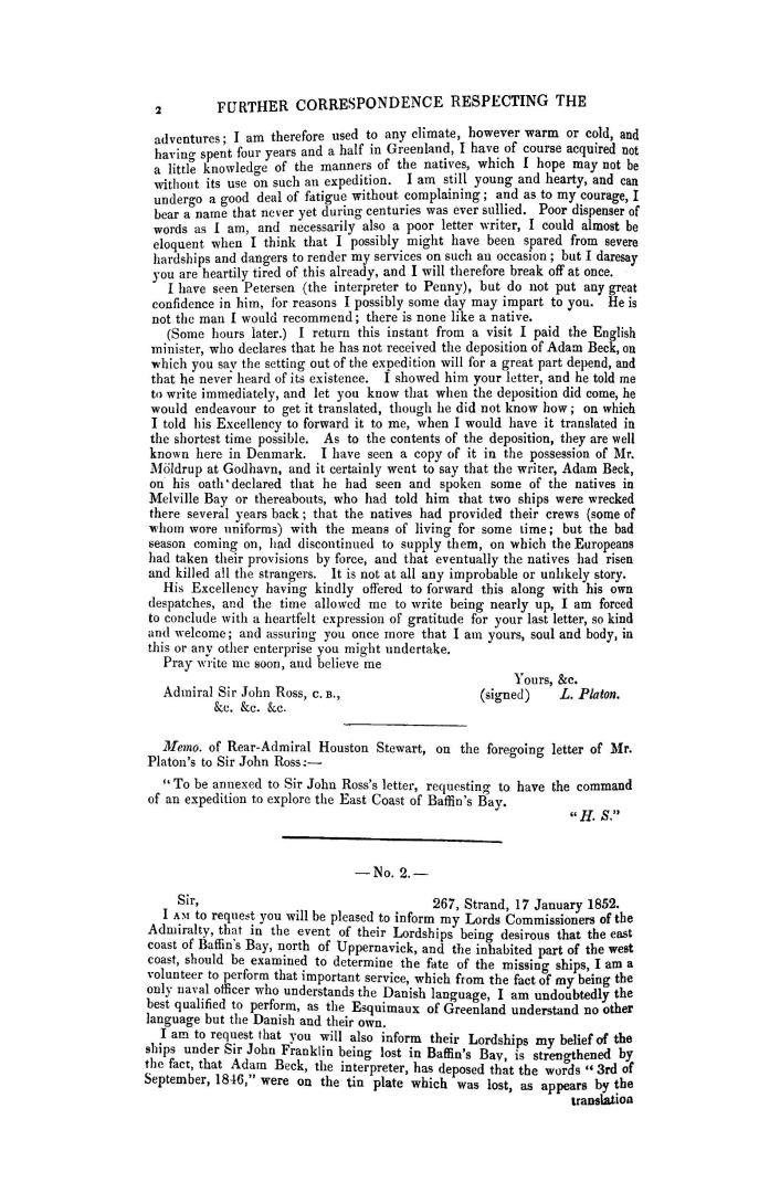 Arctic expedition. Return to an order of the honourable the House of Commons, dated 6 April 1852, - for, a copy ''of any further correspondence which (...)