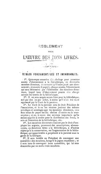 Règlement pour l'Oeuvre des bons livres