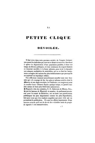 La petite clique dévoilée, [ou, Quelques explications sur les manoeuvres dirigées contre la minorité patriote, que prit part au vote sur les subsides (...)