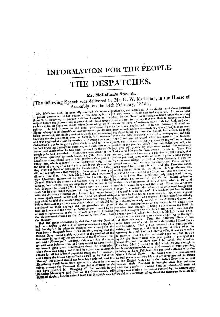 Speech ... in the House of Assembly, on the 14th February, 1845