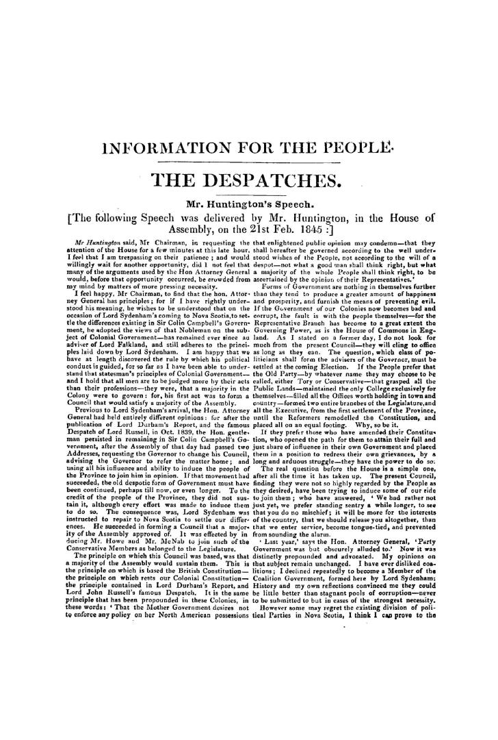 Mr. Huntington's speech ... in the House of Assembly, on the 21st Feb. 1845