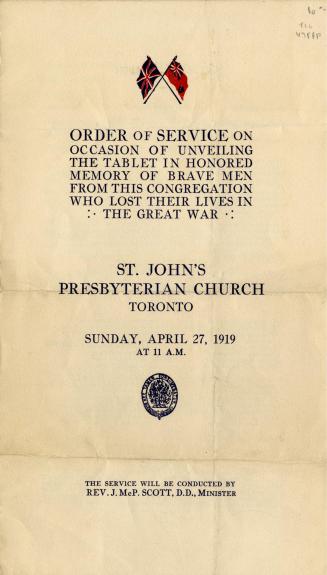 Order of service on occasion of unveiling the table in honored memory of brave men from this congregation who lost their lives in the Great War