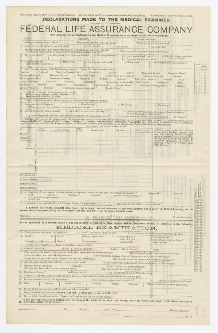 [Form] Application for assurance in the Federal Life Assurance Company