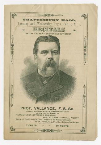 Shaftesbury Hall : Tuesday and Wednesday evg's, Feb. 9 & 10, recitals by the eminent Scotch elocutionist, Prof. Vallance, F.S.Sc.