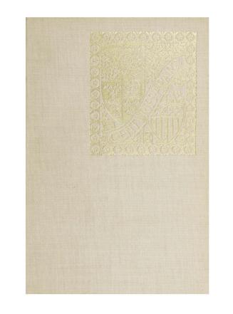 Gold heraldic imagery on a white book cover. Illustration shows decorated shields and a floral  ...