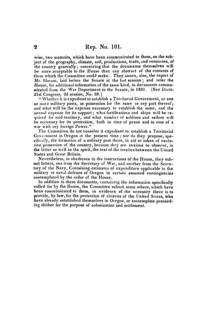 Territory of Oregon. (Supplemental report.) February 16, 1839. 10,000 extra copies ordered to be printed