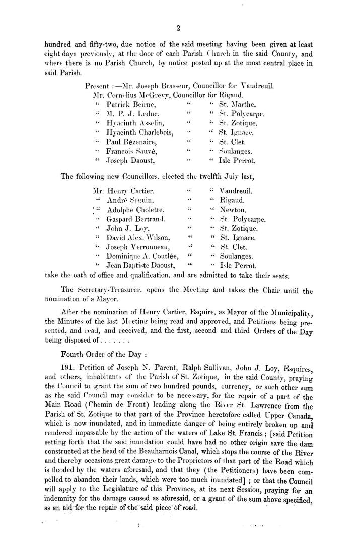 Petition. Of the municipal council of the municipality of the county of Vaudreuil. Praying that parties whose properties have been damaged by means of(...)