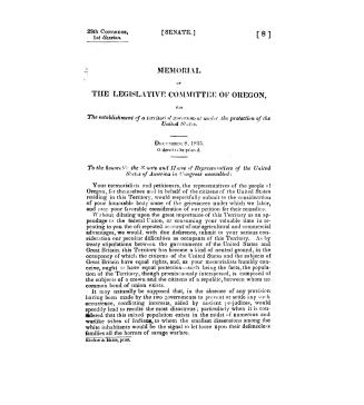 Memorial of the Legislative Committee of Oregon, for the establishment of a territorial government under the protection of the United States. December 8, 1845. Ordered to be printed