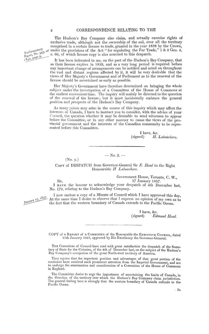 Hudson's Bay Company. Return to an address of the Honourable the House of Commons, dated 19 February 1857, -for ''Copy of a despatch from...Secretary (...)