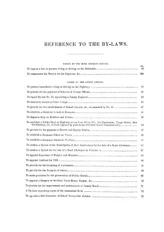 Existing by-laws, passed by the Home District and county councils of York and Peel, from 1842 to first session of 1859, inclusive, together with Title(...)