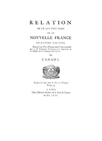 Relation de ce qvi s'est passé en la Novvelle France en l'année MDCXXVI