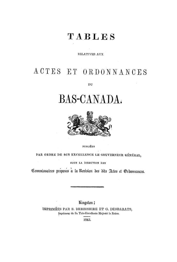 Tables relatives aux actes et ordonnances du Bas-Canada