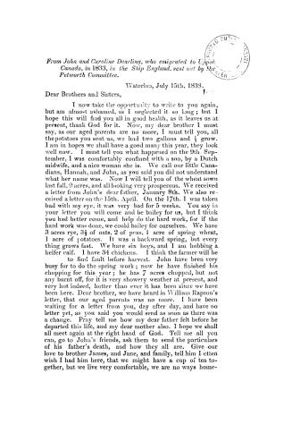 Letters from emigrants sent out to Upper Canada by the Petworth committee in 1832, 1833, and 1837