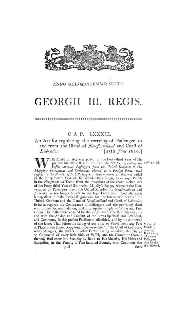 An act for regulating the carrying of passengers to and from the island of Newfoundland and coast of Labrador