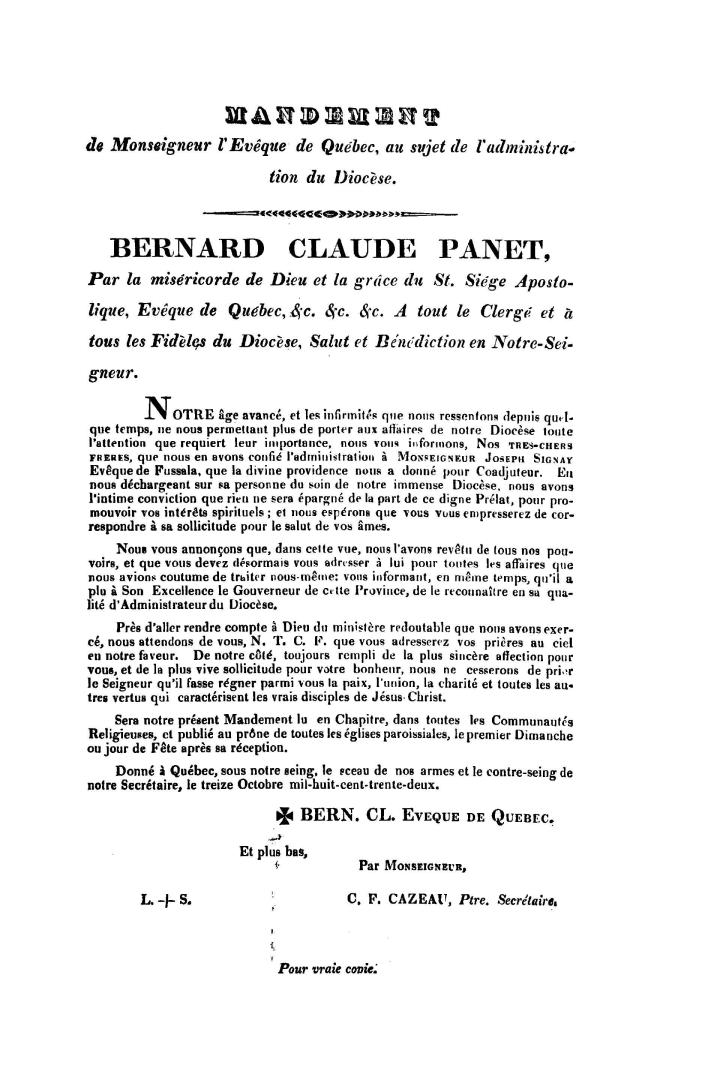 Mandement de Monseigneur l'Évêque de Québec, au sujet de l'administration du diocèse