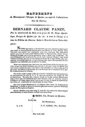 Mandement de Monseigneur l'Évêque de Québec, au sujet de l'administration du diocèse