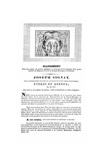 Mandement pour des actions de grâces publiques à l'occasion de la naissance d'un prince héritier du Royaume-Uni de la Grande-Bretagne et d'Irlande