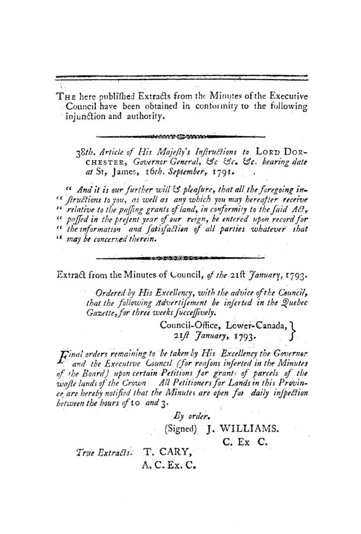 Extract from the Minutes of Council, containing His Majesty's late regulations relative to the waste lands of the Crown, with His Excellency the Gover(...)