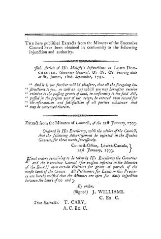 Extract from the Minutes of Council, containing His Majesty's late regulations relative to the waste lands of the Crown, with His Excellency the Gover(...)