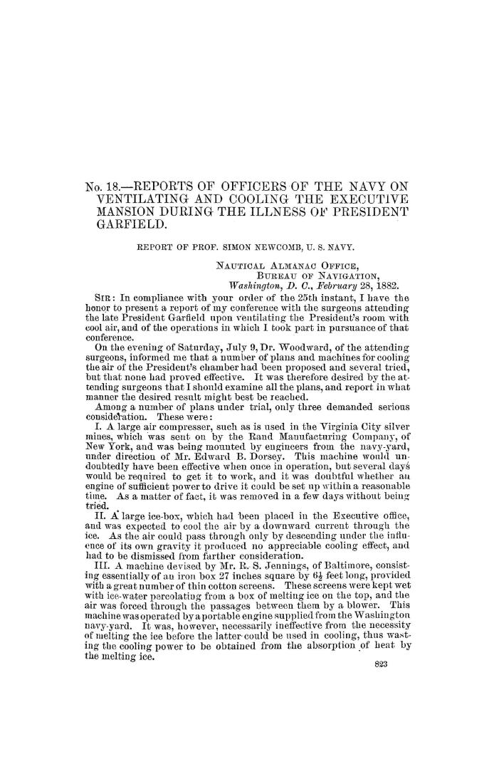 No. 18.-- Reports of officers of the Navy on ventilating and cooling the executive mansion during the illness of president Garfield