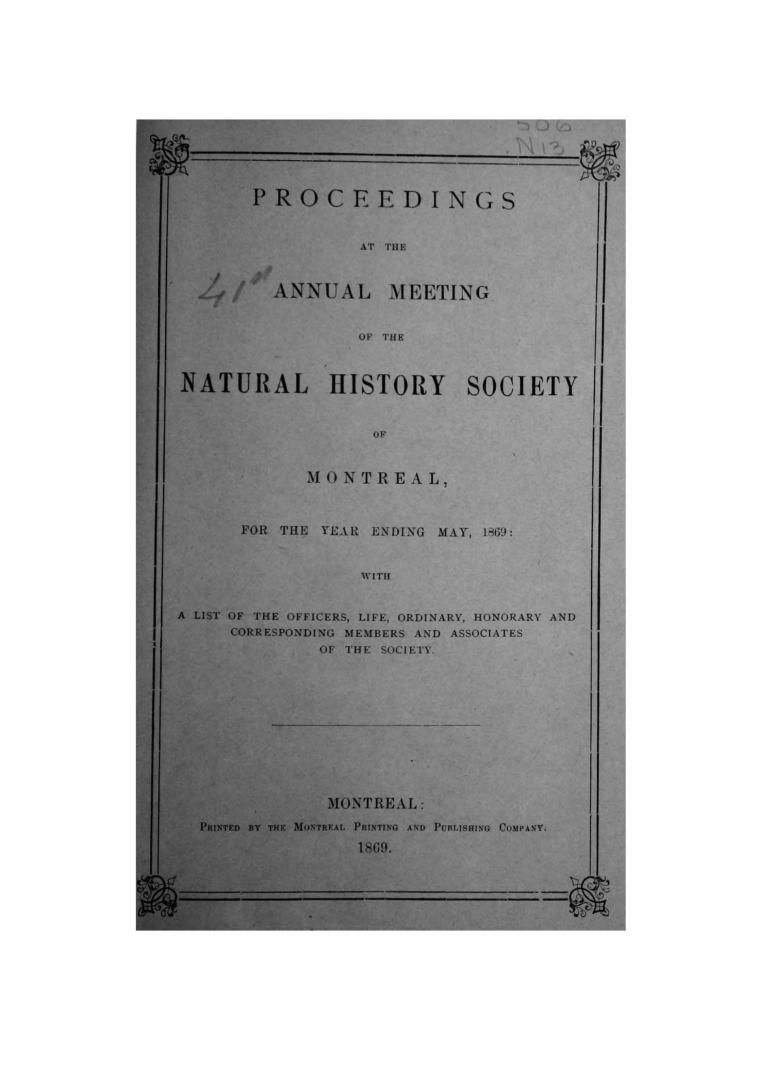 Proceedings at the annual meeting of the Natural History Society of Montreal, for the year ending