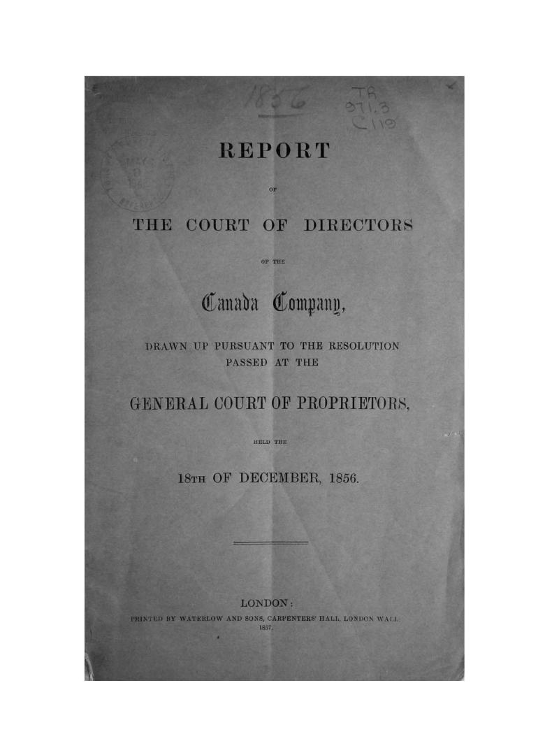 Report of the Court of Directors of the Canada Company to the proprietors