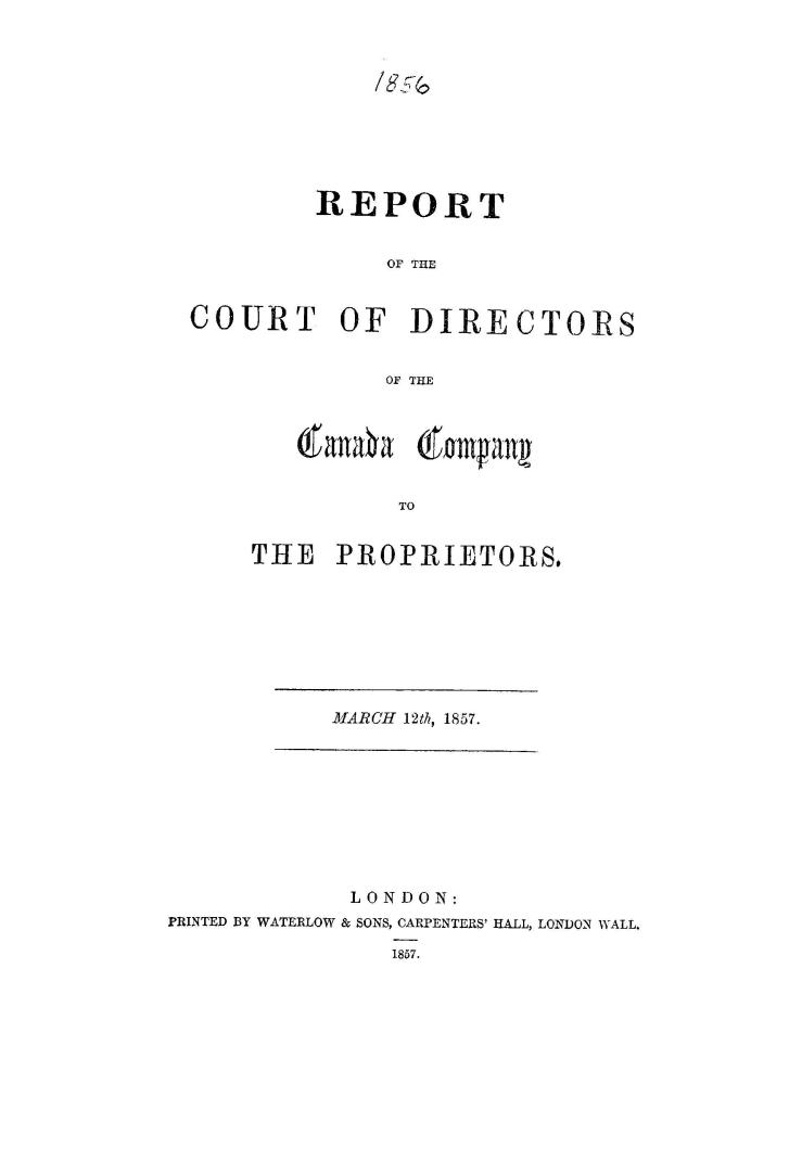 Report of the Court of Directors of the Canada Company to the proprietors