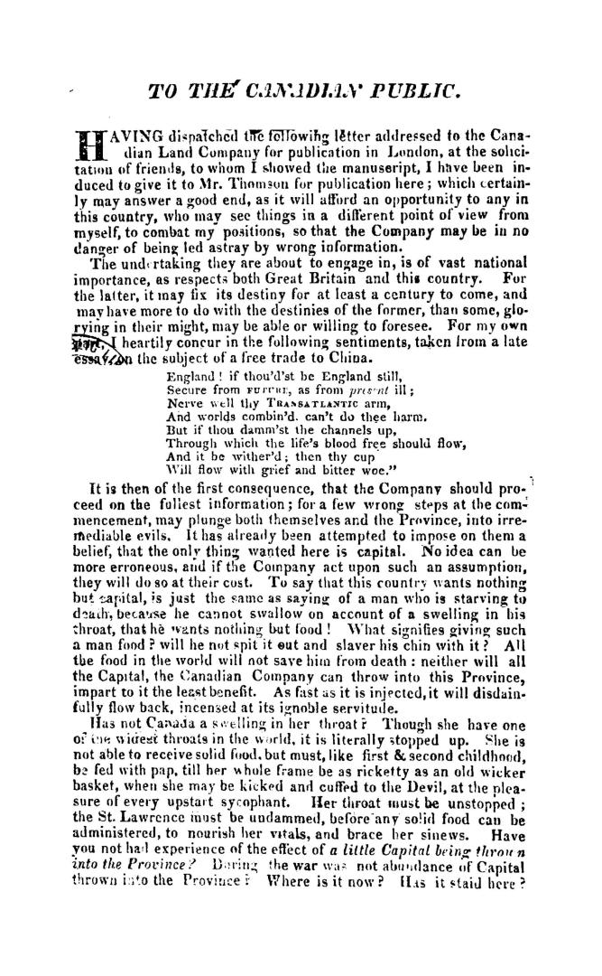 A warning to the Canadian land company, in a letter addressed to that body by an Englishman resident in Upper Canada, 1824