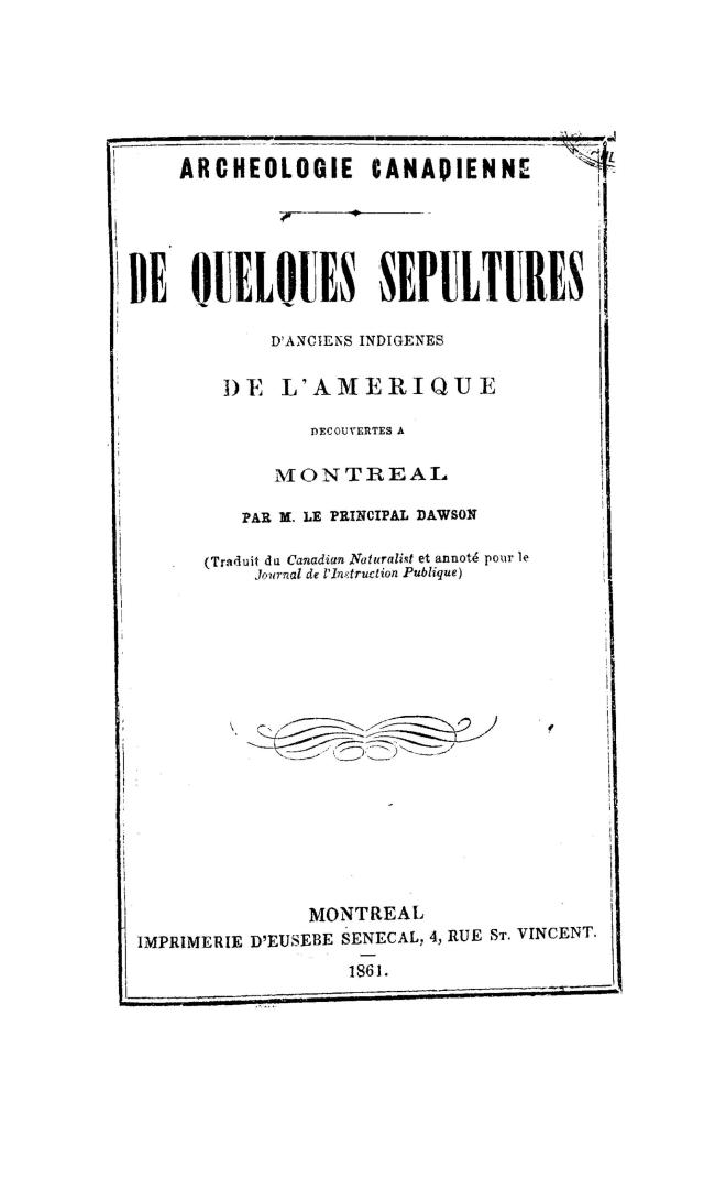 De quelques sépultures d'anciens indigènes de l'Amérique découvertes à Montréal