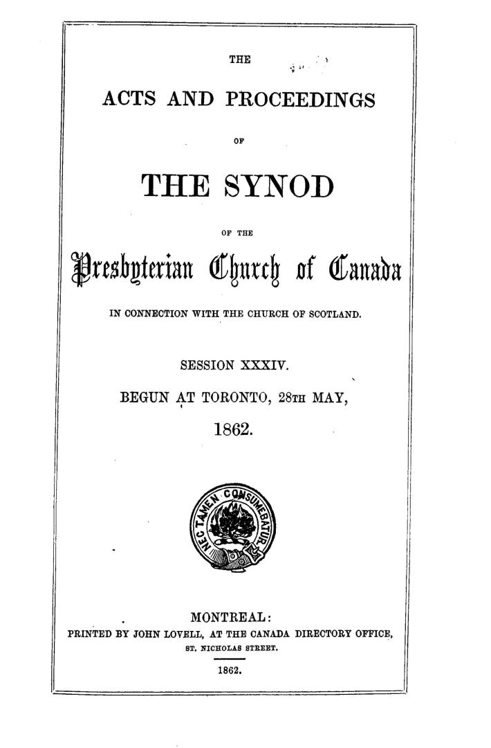 The Acts and proceedings of the Synod of the Presbyterian Church of Canada in Connection with the Church of Scotland