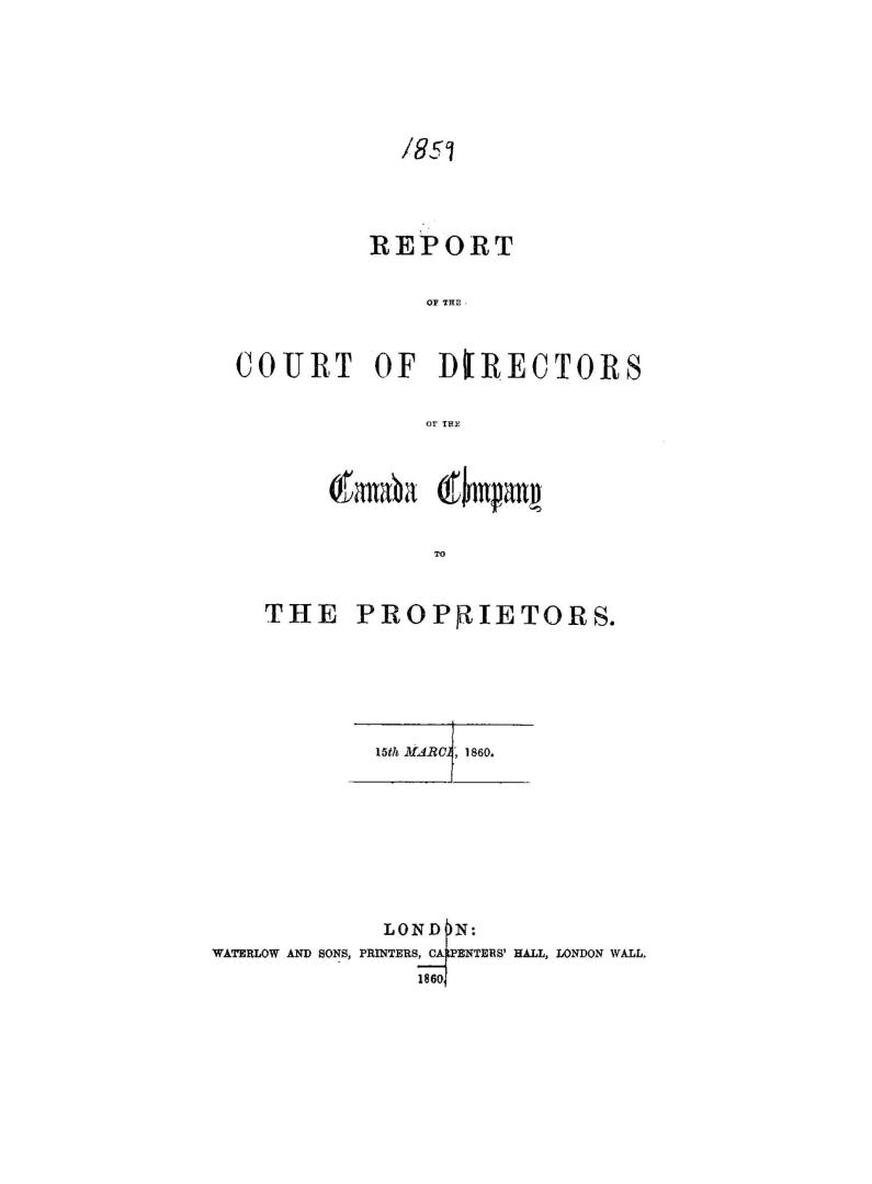 Report of the Court of Directors of the Canada Company to the proprietors