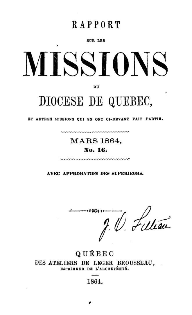 Rapport sur les missions du diocèse de Québec du diocèse de Rimouski, et autres missions qui en ont ci-devant fait partie