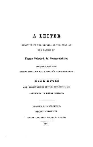 A letter relative to the affairs of the poor of the parish of Frome Selwood, in Somersetshire