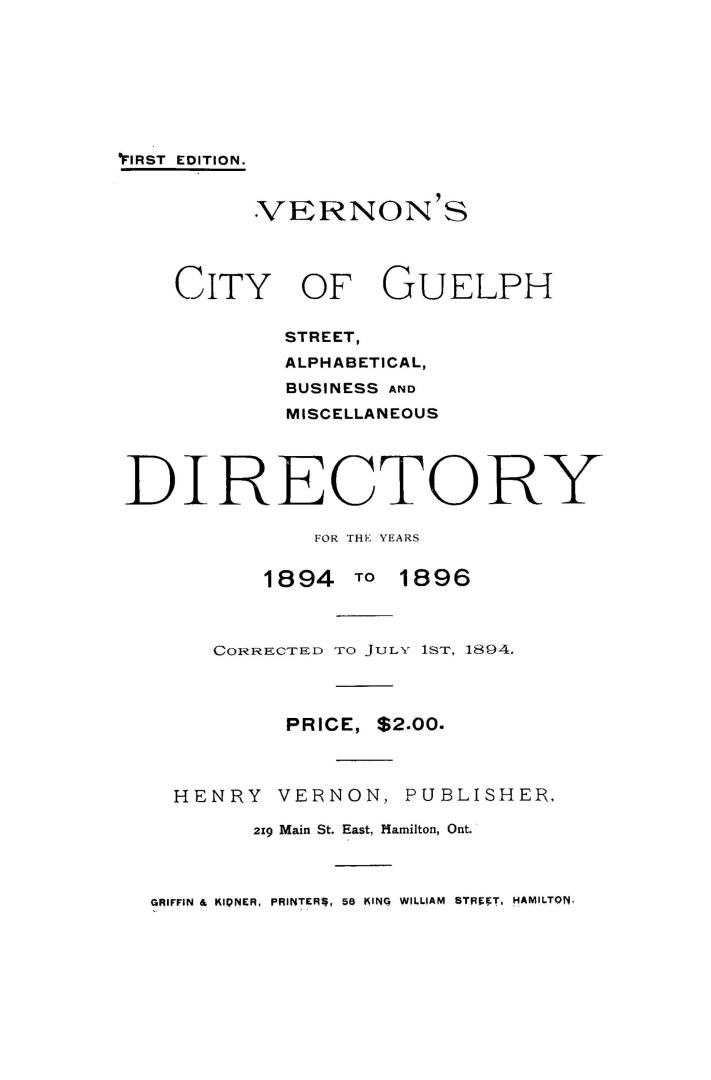 Vernon's city of Guelph street, alphabetical, business and miscellaneous directory for the years