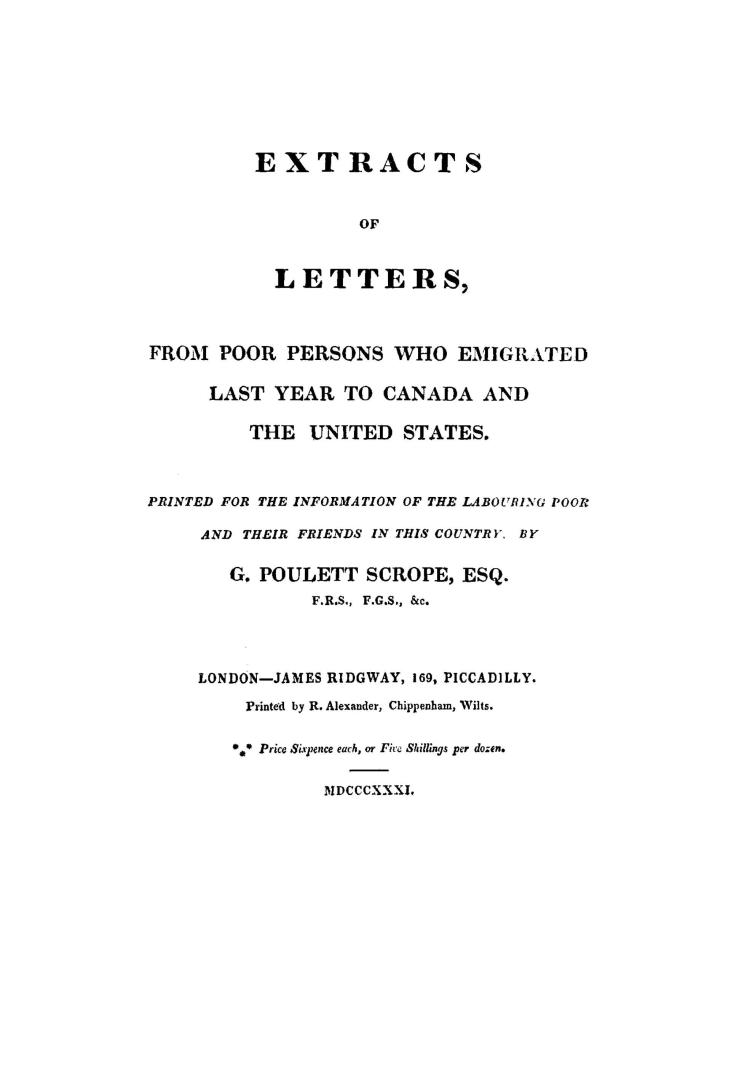 Extracts of letters, from poor persons who emigrated last year to Canada and the United States