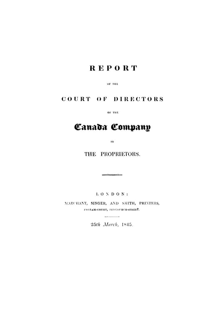 Report of the Court of Directors of the Canada Company to the proprietors